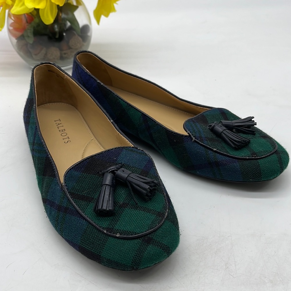 Talbots Blackwatch Plaid Blue Green Black Tassel Loafer Flats Size 7. BFL3438